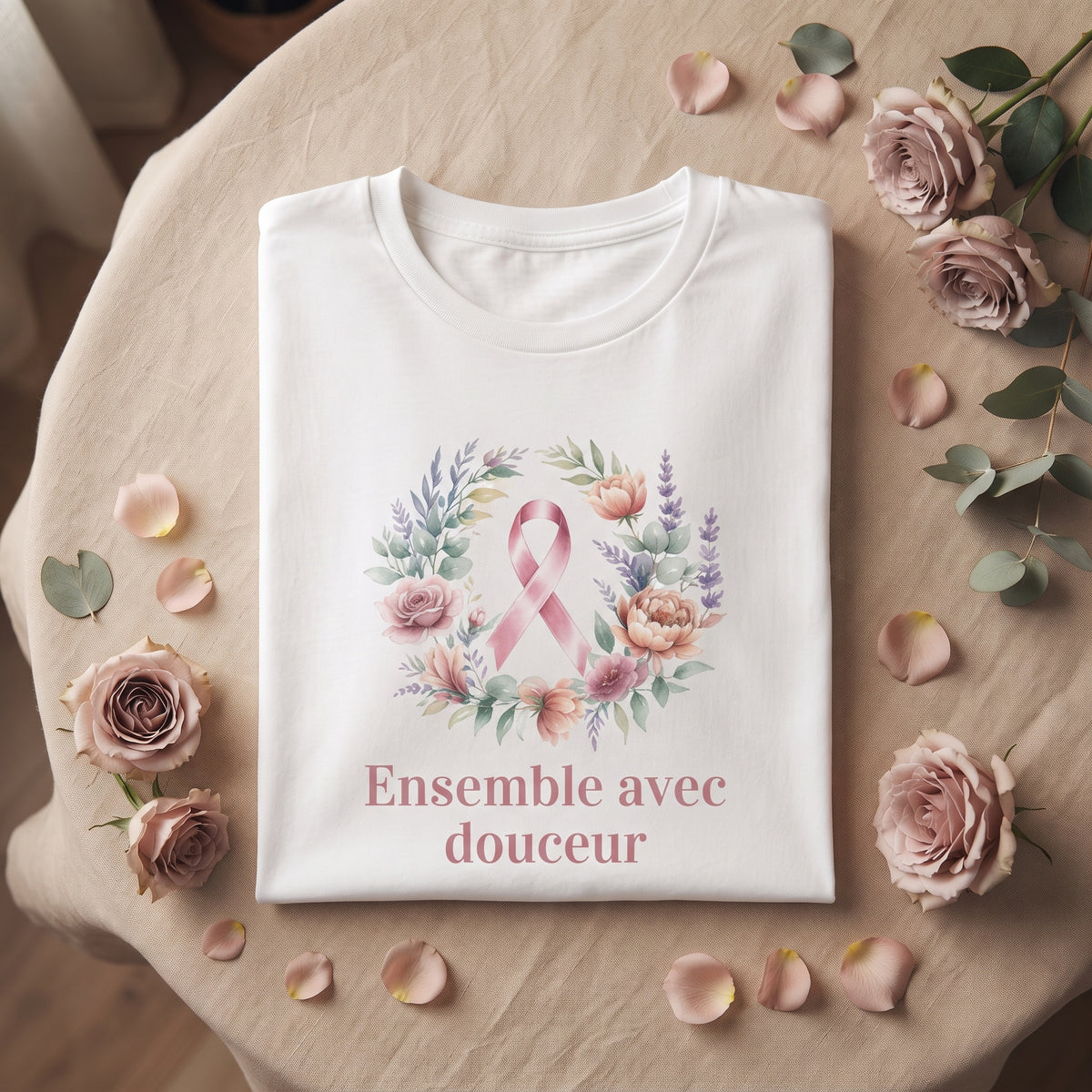 T-shirt solidaire blanc « Ensemble, avec douceur » - Ruban rose et couronne fleurie