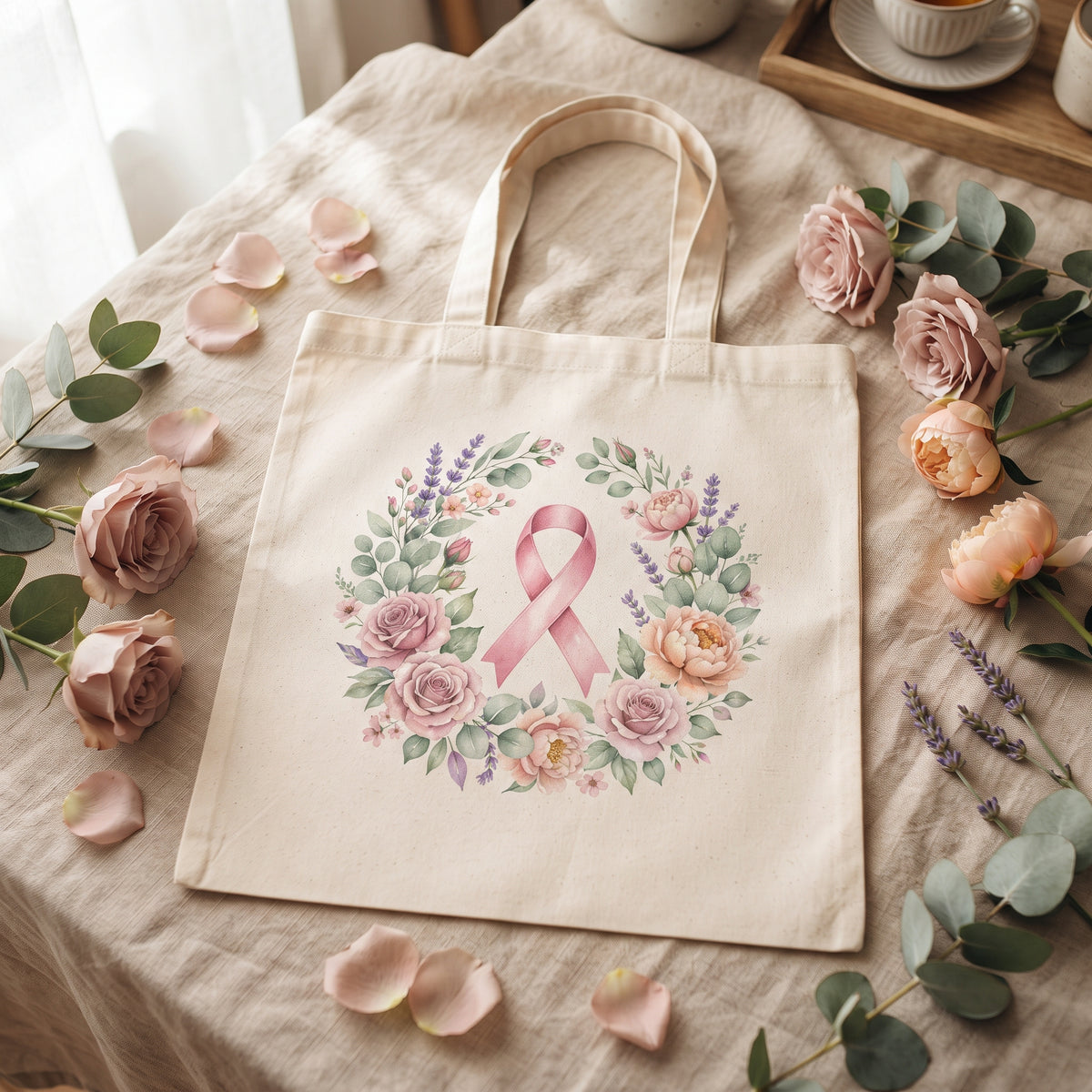 Tote bag solidaire « Ensemble, avec douceur » - Ruban rose et couronne fleurie
