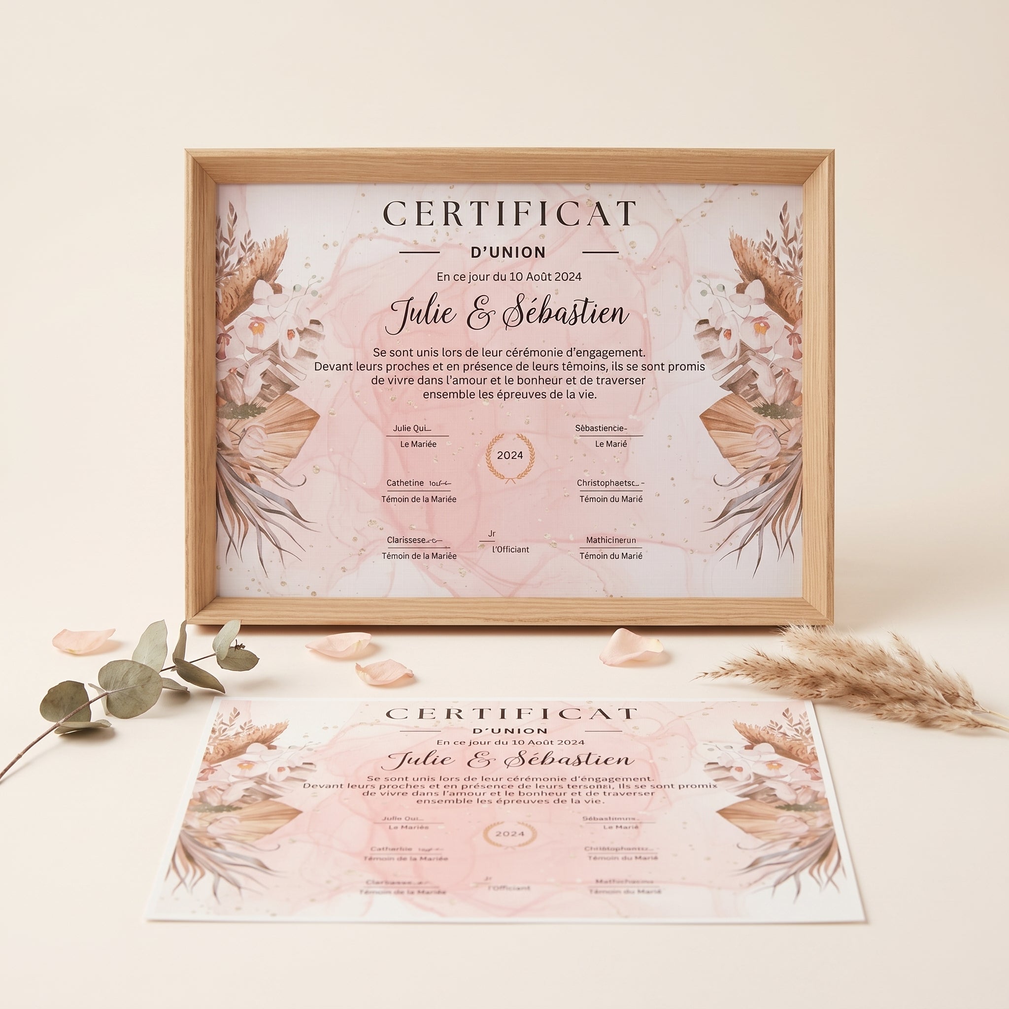 Certificat d'union mariage personnalisé - Cérémonie laïque - Souvenir unique avec cadre