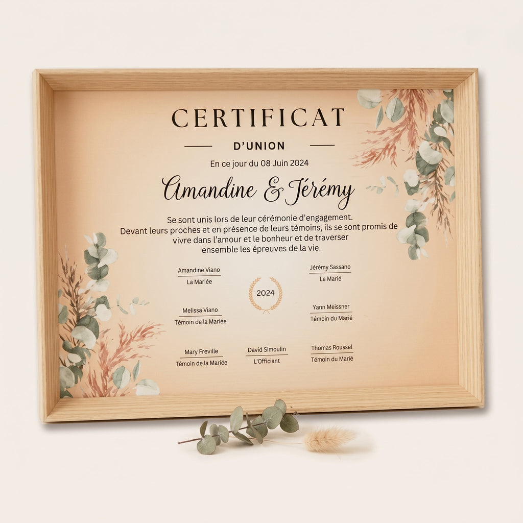 Certificat d'union mariage personnalisé - Cérémonie laïque - Souvenir unique avec cadre