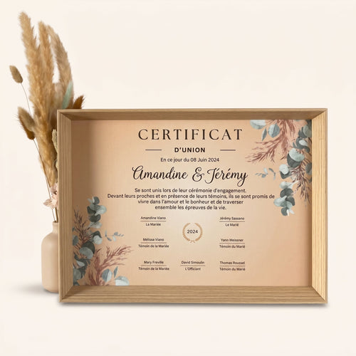 Certificat d'union mariage personnalisé - Cérémonie laïque - Souvenir unique avec cadre
