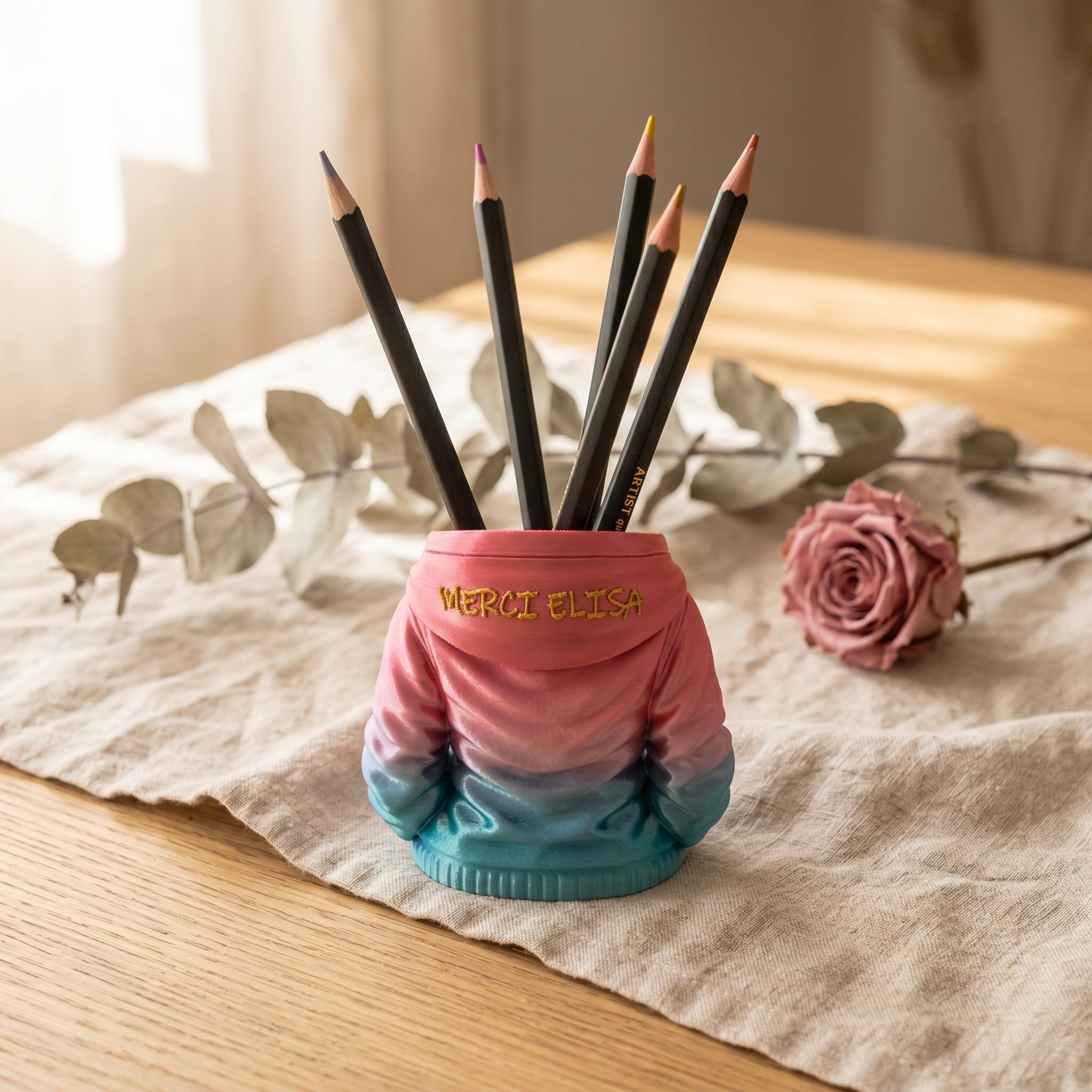 Pot à crayons sweat à capuche personnalisé - Cadeau bureau, maître ou maîtresse