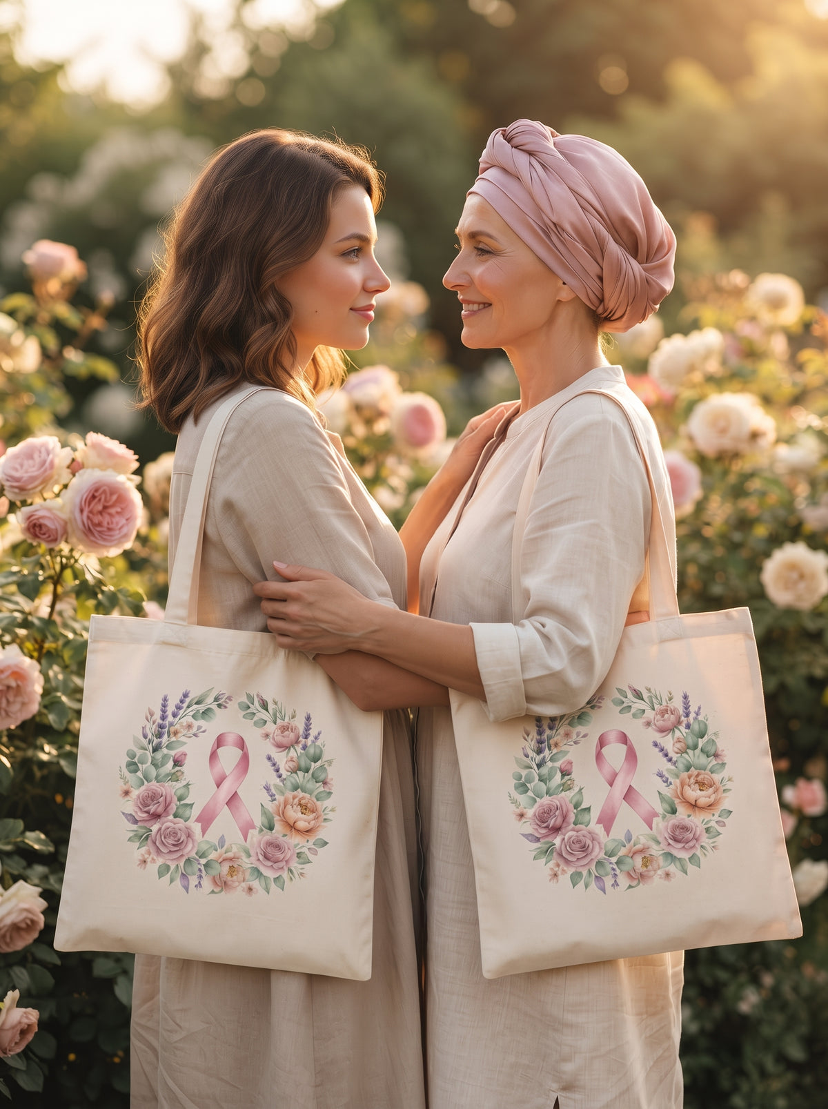 Tote bag solidaire « Ensemble, avec douceur » - Ruban rose et couronne fleurie