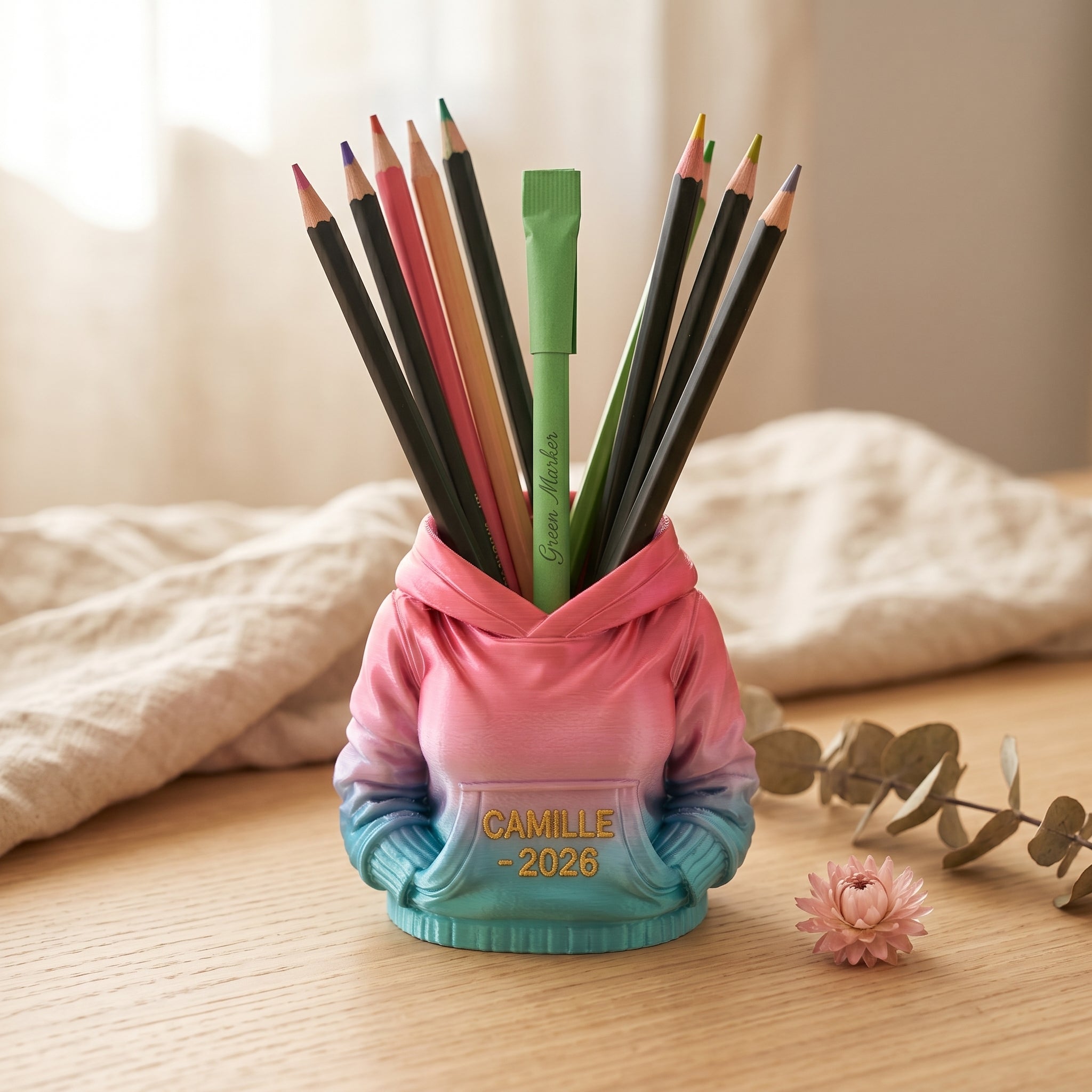 Pot à crayons sweat à capuche personnalisé - Cadeau bureau, maître ou maîtresse