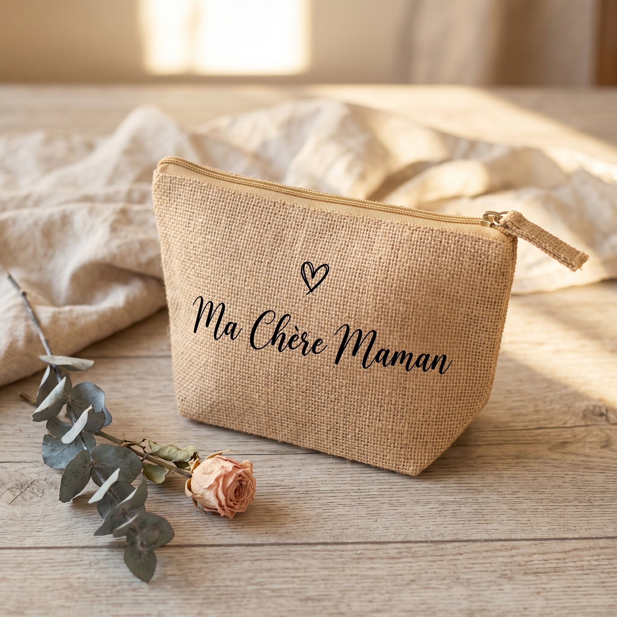 Trousse de Toilette en Jute Personnalisable – Cadeau EVJF, Fête des Mères, Anniversaire