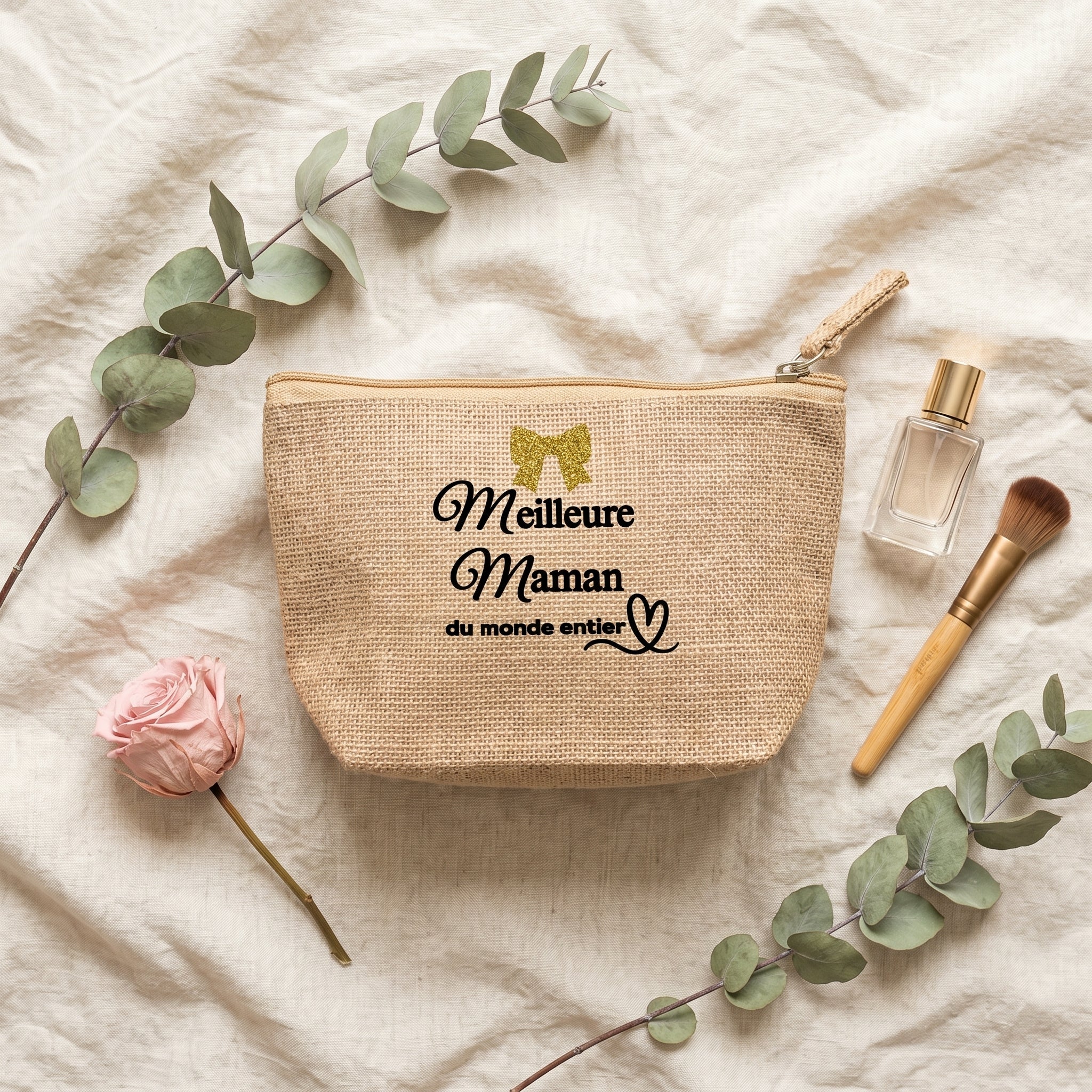 Trousse de Toilette en Jute Personnalisable – Cadeau EVJF, Fête des Mères, Anniversaire