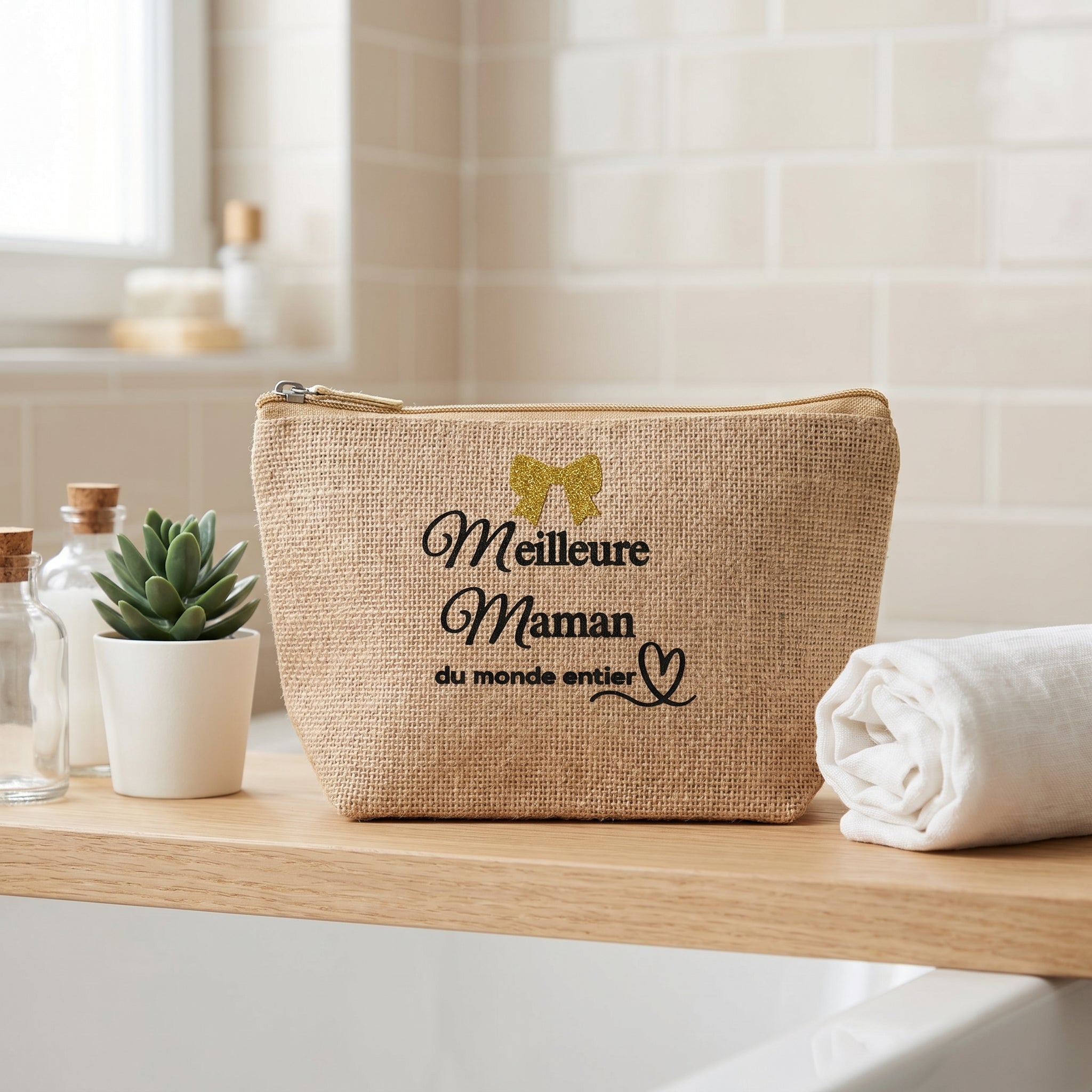 Trousse de Toilette en Jute Personnalisable – Cadeau EVJF, Fête des Mères, Anniversaire
