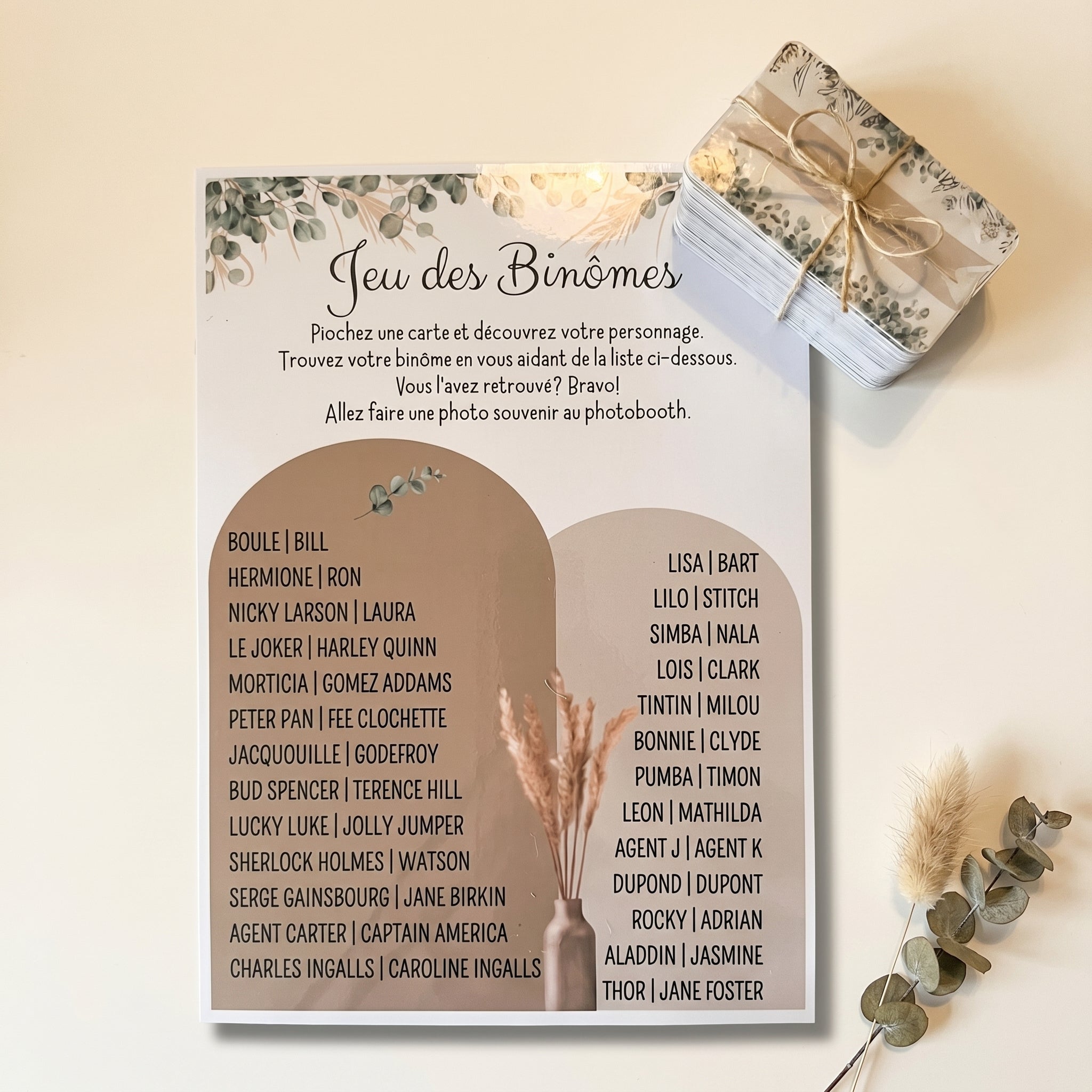Jeu des binômes - Cartes plastifiées personnalisées pour mariage et fête - Animation brise-glace pour vos invités