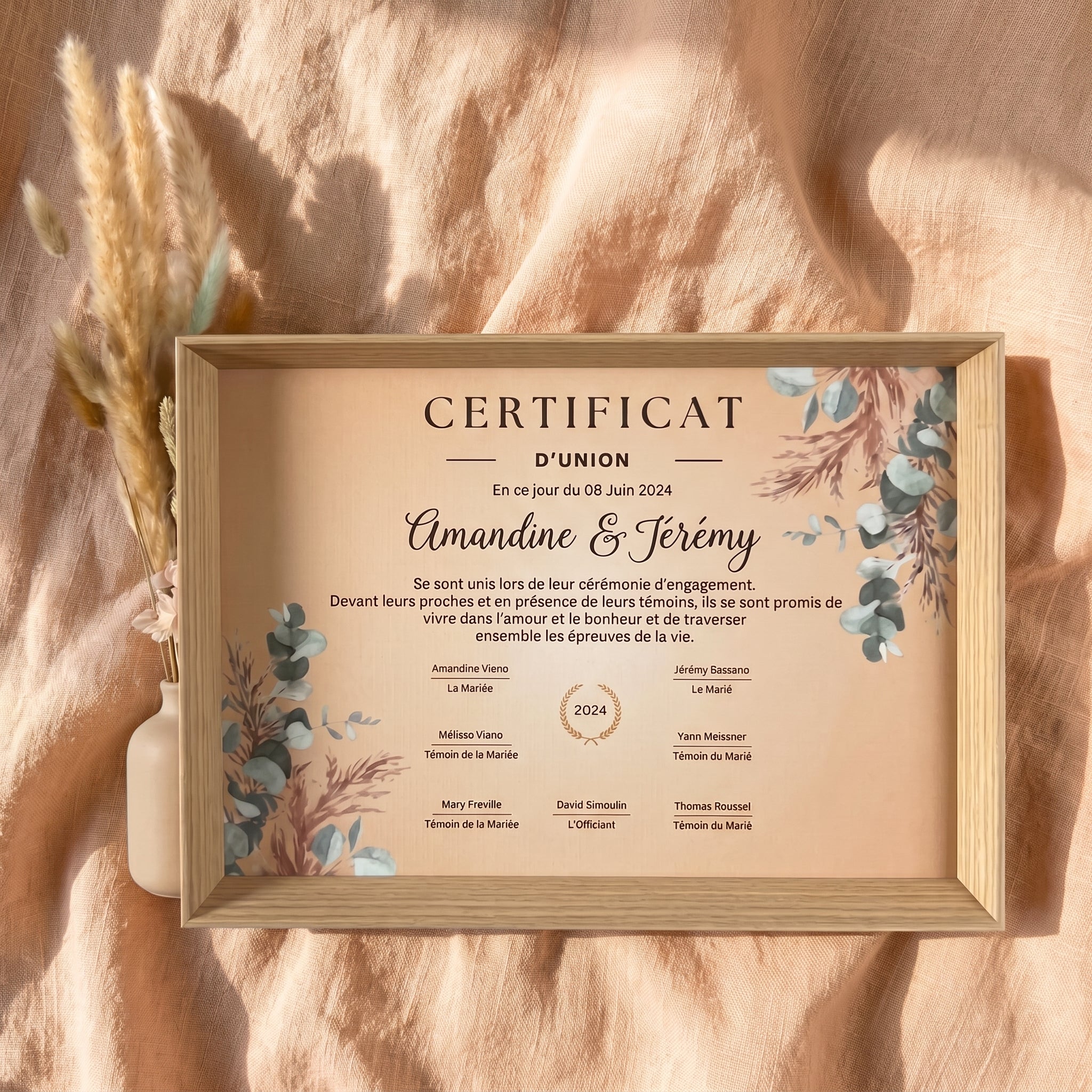 Certificat d'union mariage personnalisé - Cérémonie laïque - Souvenir unique avec cadre