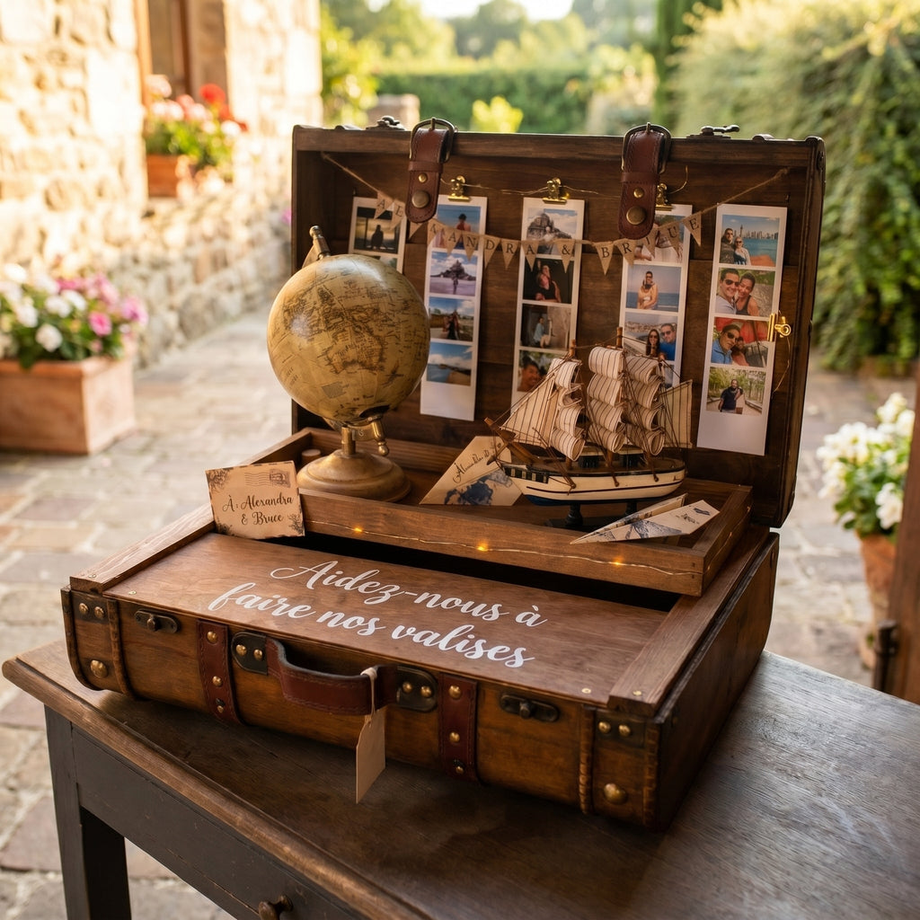 Urne mariage anniversaire valise vintage personnalisée - Boite à enveloppes sur mesure